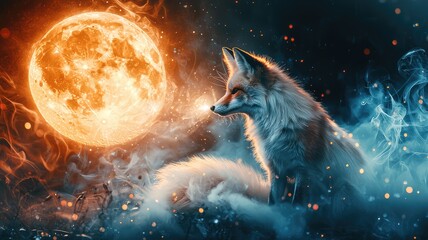 A mystical fox gazes at a vibrant moon surrounded by colorful smoke, creating an enchanting and whimsical atmosphere.