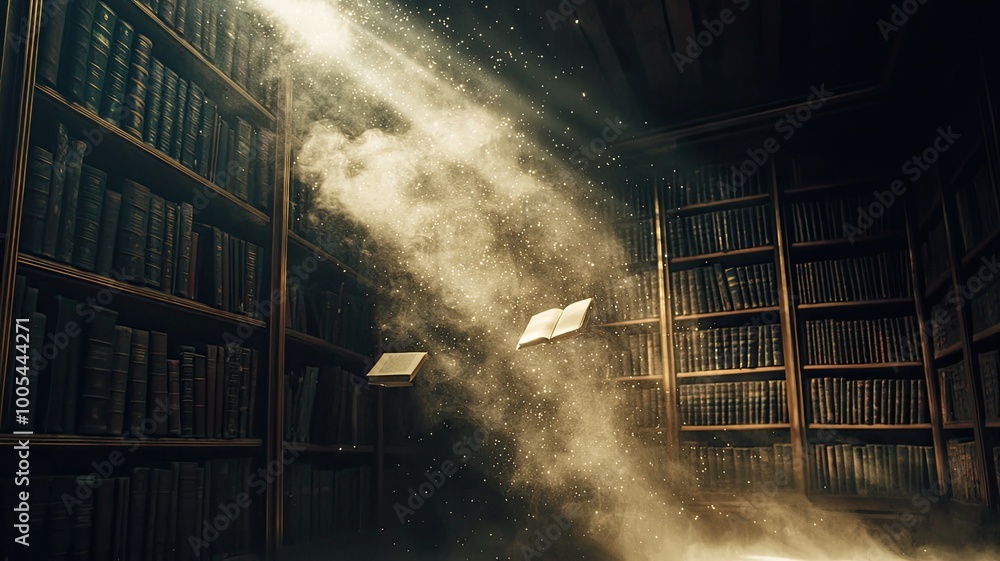 Poster a mystical library scene with floating books and dust particles illuminated by soft light, evoking m