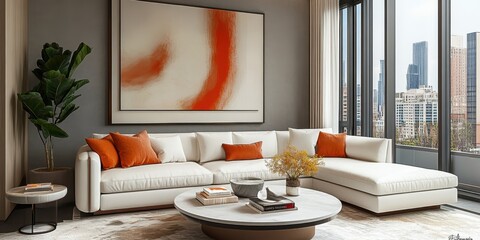 Modern living room, abstract art, white sofa, orange accent pillows, round coffee tables, large potted plant, floor-to-ceiling windows, textured area rug, grey walls, contemporary interior design, nat