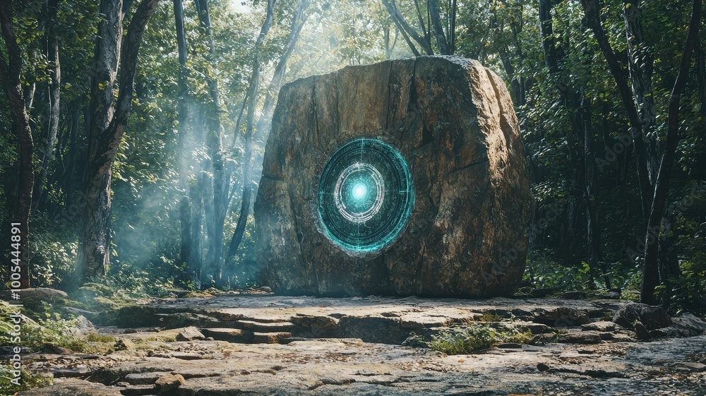 Poster a mystical stone structure in a dense forest, featuring a glowing circular design, surrounded by enc