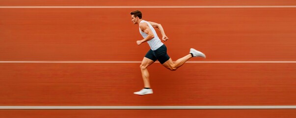 Athlete sprinting on a track, motion blur, muscles in action, capturing pure speed and adrenaline in an extreme movement shot