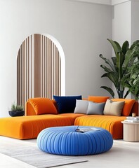Modern minimalist living room, curved orange and blue modular sofa, round blue ottoman, white arched wall, wooden slatted partition, tropical plant, small side table, bright colors, clean lines, archi