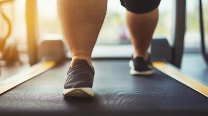 Persona con sobrepeso caminando en una cinta de correr en el gimnasio, enfocada en la pérdida de peso y ejercicio físico para un estilo de vida saludable