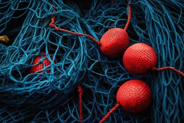 A Substantial Stack of Intertwined Cobalt Blue and Crimson Fishing Nets