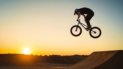 Fototapeta premium BMX rider executing a backflip over a dirt ramp, intense action, capturing adrenaline in a sunset background