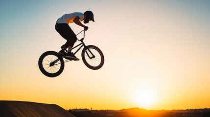 Fototapeta premium BMX rider executing a barspin, sunset lighting, capturing the skill, movement, and excitement of extreme cycling