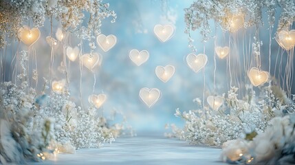 Enchanted Winter Wonderland: A magical winter backdrop with twinkling heart lights, frosted branches, and a soft, snowy path, perfect for romantic and whimsical photoshoots. 
