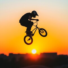 Obraz premium BMX rider performing a backflip in mid-air, capturing adrenaline and intense movement against a sunset backdrop