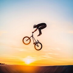 BMX rider performing a backflip in mid-air against a sunset, high energy, motion blur capturing the thrill of extreme sports, unique perspectives