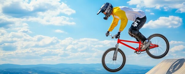 BMX rider soaring over a ramp, capturing the height, speed, and thrill of extreme biking