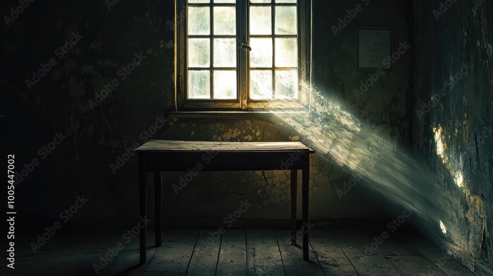 Poster a quiet room with a wooden table illuminated by sunlight streaming through a dusty window, creating 