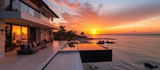 Modern house with infinity pool overlooking the ocean at sunset.