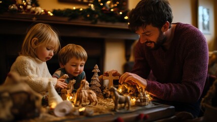 Father and Children Setting Up a Nativity Scene