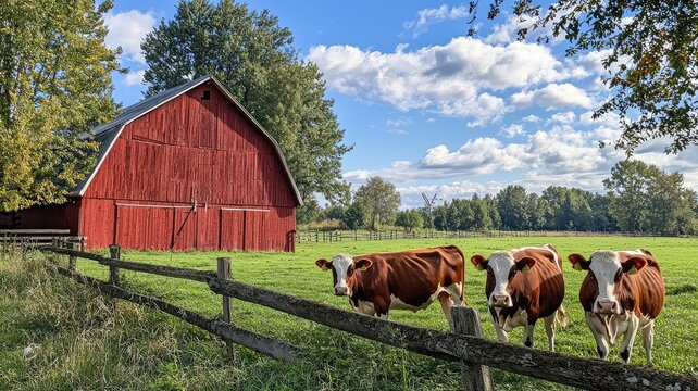 A scenic view of a red barn with cows grazing in a lush green field under a bright blue sky with fluffy clouds. - Powered by Adobe