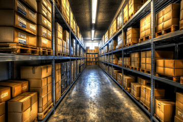 Fototapeta premium A spacious warehouse filled with neatly stacked cardboard boxes on metal shelves, illuminated by overhead lights.