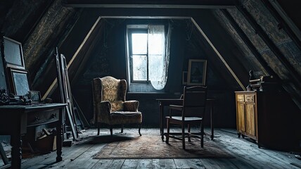 A serene attic space featuring vintage furniture and natural light through a window, evoking nostalgia and tranquility.