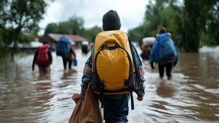 Children Walking Through Flooded Area with Backpacks