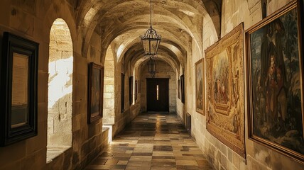 Obraz premium A serene corridor adorned with historical paintings, showcasing classic architecture and warm lighting.