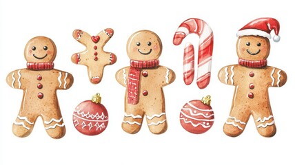 Fototapeta premium Set watercolor elements with Gingerbread cookies,Cup cocoa and sweets,cookies,sweet holiday card,Christmas menu,season greeting,xmas and New Year sweet composition,space for text.