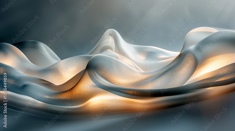 Poster elegant waves of translucent material shimmering under soft light at dawn