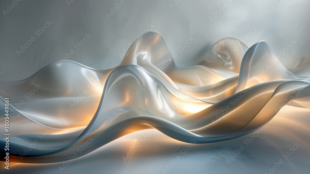 Poster flowing waves of translucent material illuminated by soft light in an abstract setting