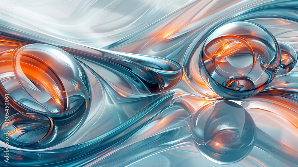 Poster flowing abstract shapes and glowing orbs create a mesmerizing digital artwork