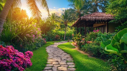 A serene garden path leads through vibrant flowers and lush greenery under a beautiful sunset, perfect for relaxation and nature lovers.
