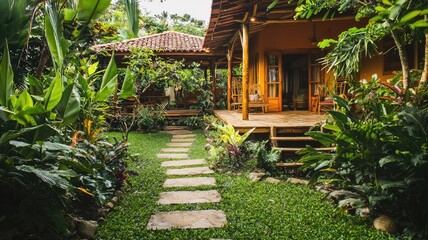 Obraz premium A serene garden pathway leads to a cozy wooden house surrounded by lush greenery and vibrant plants, inviting relaxation and tranquility.