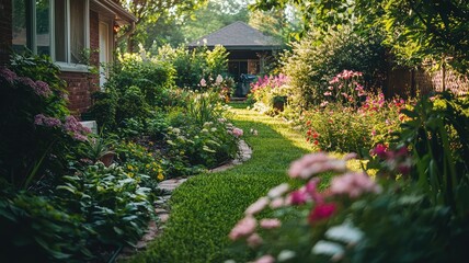 Fototapeta premium A serene garden pathway lined with colorful flowers and lush greenery, inviting tranquility and connection to nature.