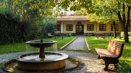 A serene garden scene featuring a charming fountain, lush greenery, and a cozy bench, perfect for relaxation and nature enjoyment.