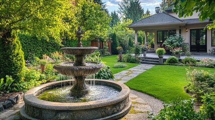 A serene garden scene featuring a charming fountain surrounded by lush greenery and a beautifully landscaped yard.