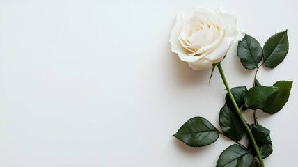 Fototapeta premium white rose on white background. Flat lay, top view, copy space 