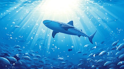 Fototapeta premium A whale shark swims through a school of fish in the ocean, with sunlight shining down from above.