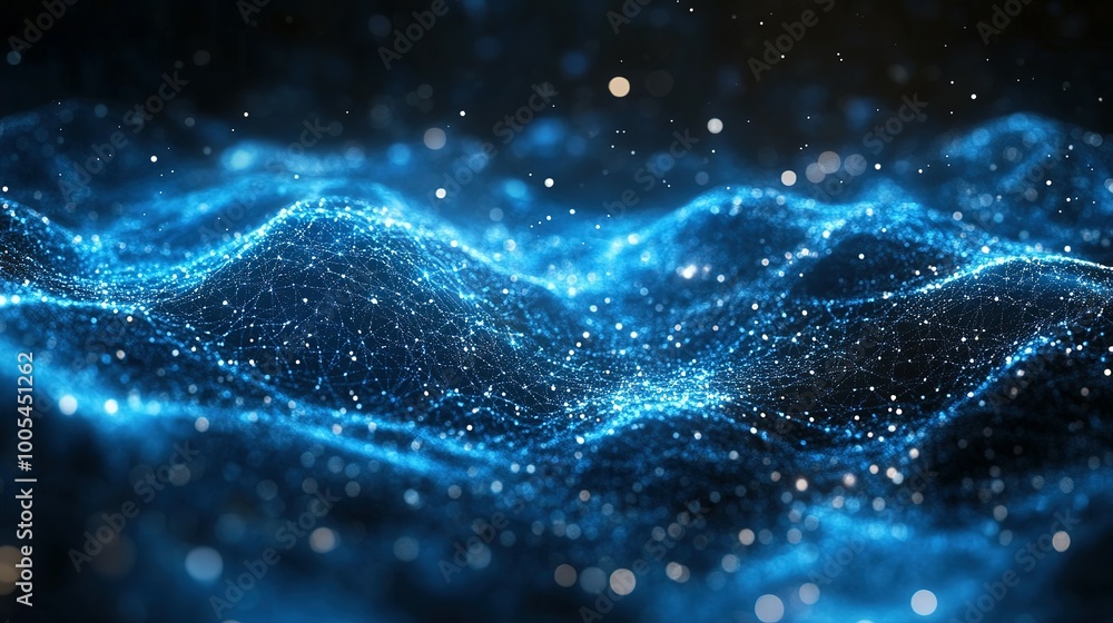 Poster abstract blue network of connected particles with bokeh lights