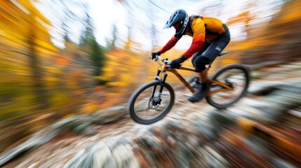 Mountain biker navigating a rocky trail, motion blur, showcasing speed, skill, and the thrill of extreme biking