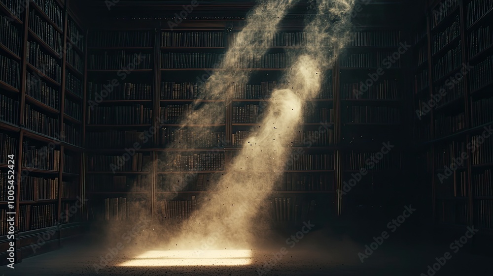 Poster a serene library with dust particles illuminated by soft light, creating a mystical atmosphere of kn
