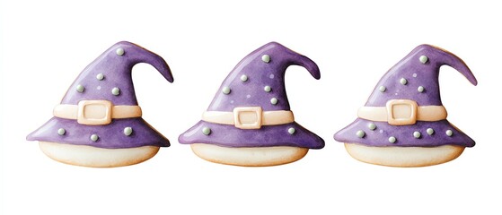 Naklejka premium A trio of whimsical purple witch hats adorned with sparkles, perfect for Halloween-themed desserts or festive decorations.