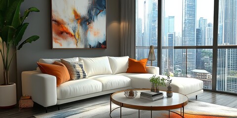 Modern living room, abstract art, white sofa, orange accent pillows, round coffee tables, large potted plant, floor-to-ceiling windows, textured area rug, grey walls, contemporary interior design, nat
