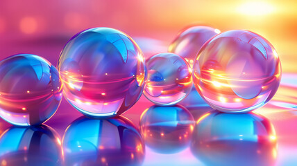 Colorful reflective spheres capture the light in a dreamy setting at sunset