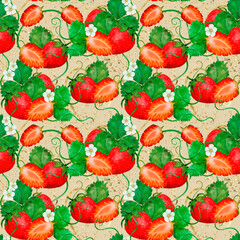 A Vibrant and Colorful Strawberry Pattern Featuring Fresh Leaves and Beautiful Flowers