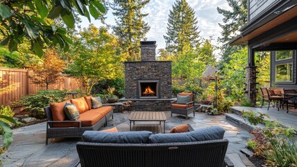 Obraz premium A serene outdoor living space featuring a cozy fireplace, comfortable seating, and lush greenery, perfect for relaxation.