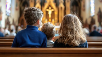 Children sitting in church pews, observing a religious ceremony.