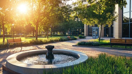 A serene park scene featuring a fountain, benches, and lush greenery bathed in warm sunlight, perfect for relaxation.