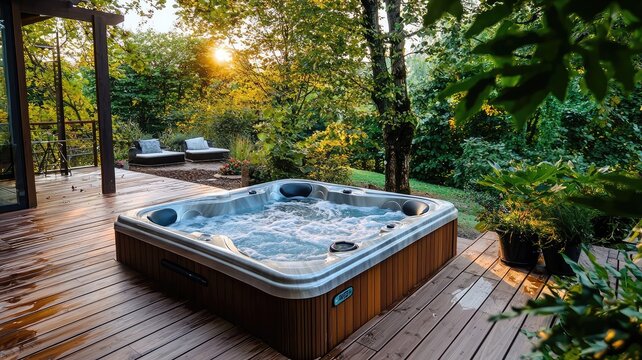 A serene outdoor spa with a hot tub surrounded by lush greenery and warm sunlight, perfect for relaxation and comfort.