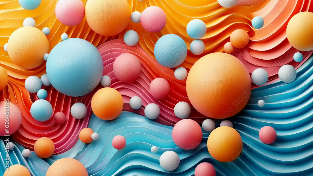 Poster Vibrant abstract design of colorful spheres floating over undulating waves
