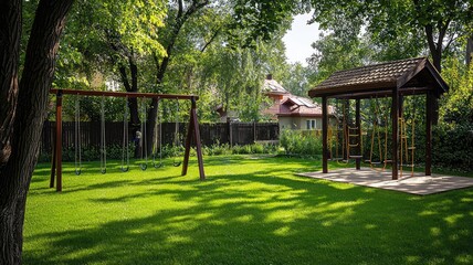 A serene playground featuring swings and a playhouse, surrounded by lush greenery and trees, perfect for outdoor activities.