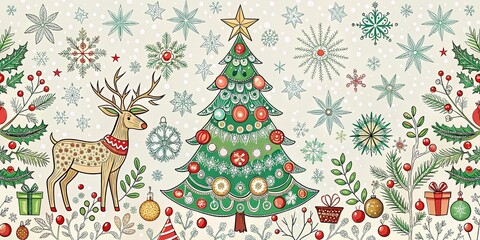 Festive Holiday Design with Reindeer and Ornamented Tree