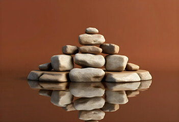 pyramid of wet stones forms serene podium, reflecting beautifully in calm water against warm background. This tranquil scene evokes sense of balance and harmony