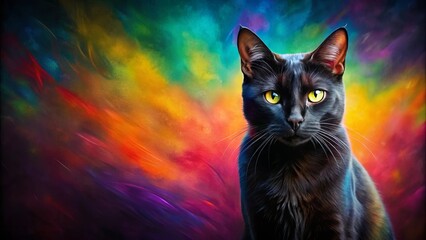 A Black Cat with Striking Yellow Eyes Against a Vibrant Swirl of Color