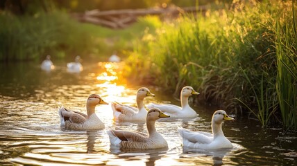 Fototapeta premium A serene scene of ducks swimming gracefully in a peaceful pond during sunset, surrounded by lush greenery.